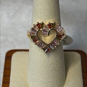 NEW Colorful AAA CZ Baguette Heart Ring 18k Yellow Gold Filled